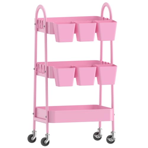 3-Tier Rolling Storage Cart with 6 Removable Bins, Pink Metal - Image 2