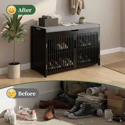 Shoe Storage Bench with Cushioned Seat 3-Tier Entryway - Image 7