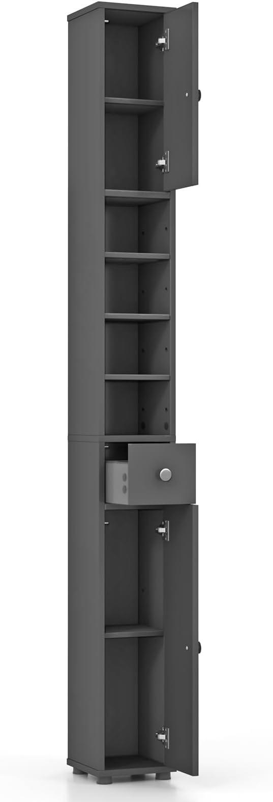 LDAILY Slim Bathroom Storage Cabinet, Tall Freestanding Floor Cabinet w/ 1 Drawer, 2 Doors, 5 Adjustable Shelves & Anti-Tipping Device, Wooden Narrow Bathroom Cabinet for Office, Kitchen, Small Space
