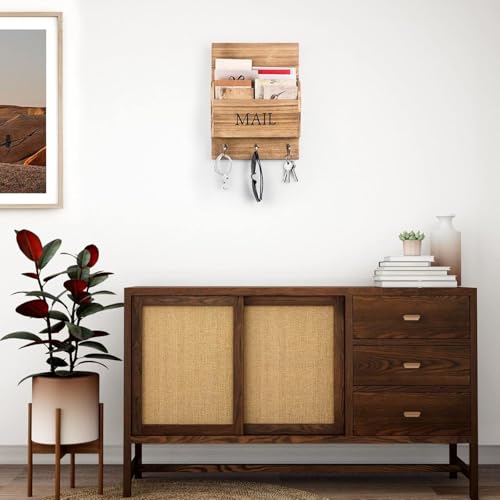 Rustic Wood Mail Organizer with Key Holder - Wall Mounted - Image 5