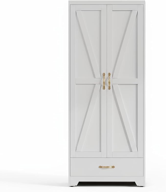 YITAHOME Kitchen Pantry Cabinet, 62" Metal Storage Cabinets with Adjustable Shelves, Farmhouse Organizer Cabinet with Barn Doors, Freestanding Cupboard with Drawer for Dining Living Room, White