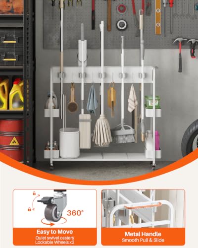 Broom and Mop Holder with Cleaning Supplies Organizer (White) - Image 7