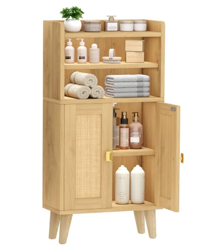 Rattan Small Bathroom Storage Cabinet with Open Shelf 2 Doors Oak - Image 7