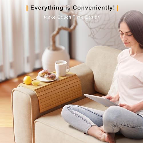 Bamboo Couch Armrest Table with Detachable Cup Holder Tray - Image 7