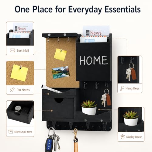 Key Holder Wall Mount with Drawer and Mail Organizer, Black - Image 7