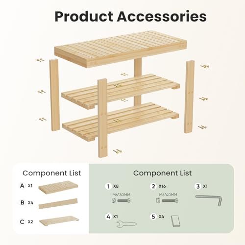 DUMOS Shoe Rack Bench with Storage, 3-Tier Bamboo Entryway - Image 7