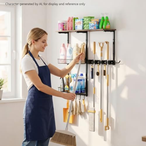 Broom Holder Wall Mount,With A Storage Basket Cleaning - Image 8