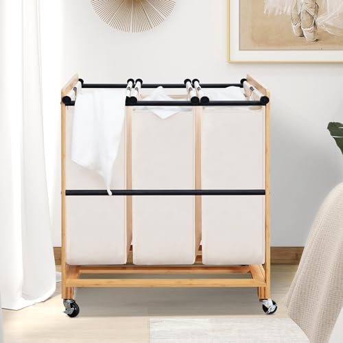 3-Section Laundry Sorter with Bamboo Frame, Rolling - Image 7