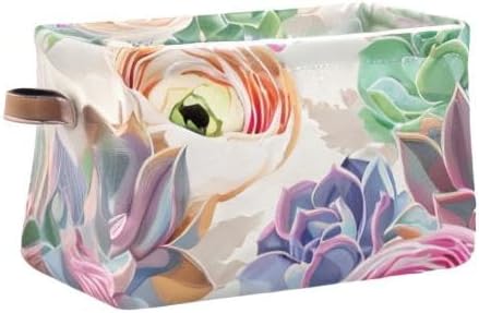 susiyo Large Foldable Storage Bin Succulent Flowers Cactus Fabric Storage Baskets Collapsible Decorative Baskets Organizing Basket Bin with PU Handles for Shelves Home Closet Bedroom Living Room-1Pack