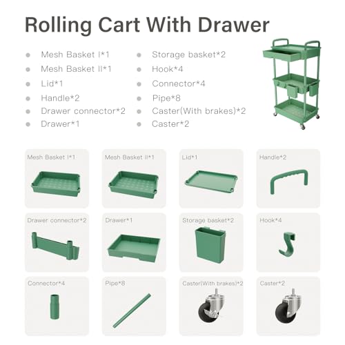 REBECAT 3 Tier Rolling Utility Cart with Drawer,Roll | All Products - Image 7