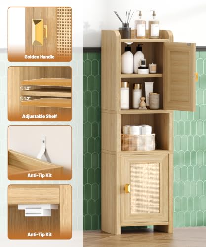 9.8''W Rattan Small Bathroom Storage Cabinet 2 Doors Oak - Image 7