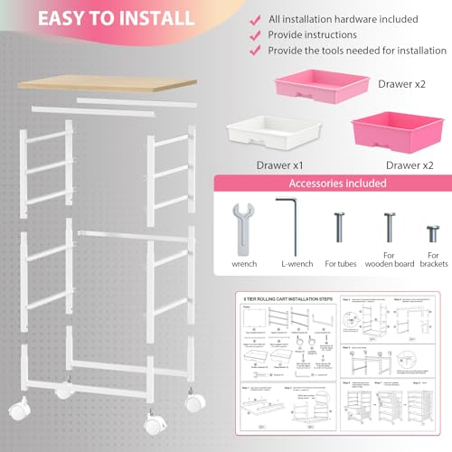 Rolling Cart with 5 Drawers for Craft, Art, Dorm, Office, Pink - Image 7
