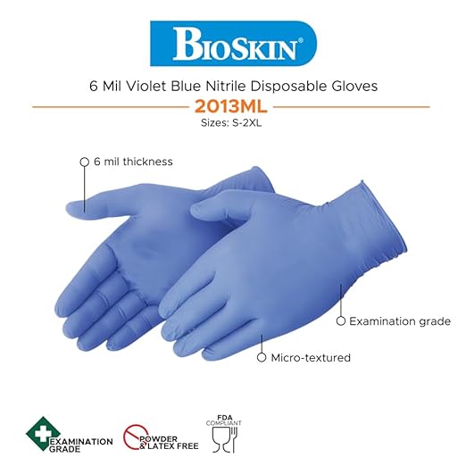 BioSkin Nitrile Exam Grade Disposable Gloves, 6 Mil - Large | Powder-Free, Chemical + Puncture Resistant, Textured | for Medical, Industrial, Janitorial, Food Service (Box of 50)