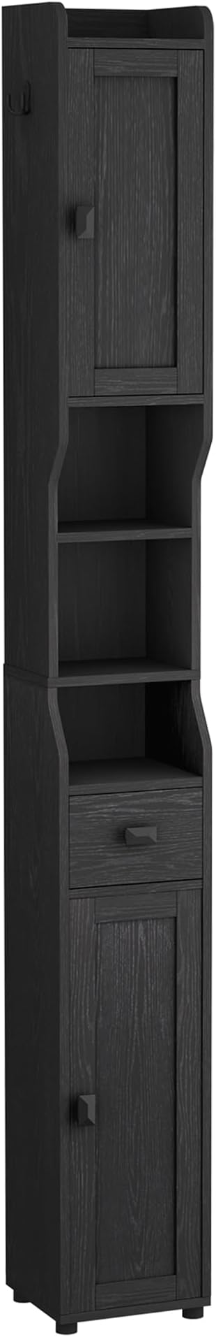Bathroom Storage Cabinet, Narrow Tall Bathroom Cabinet, Freestanding Floor Cabinets with 2 Doors and 1 Drawer, Toilets Organizer with Adjustable Shelf, 1 Hook for Small Spaces, Black