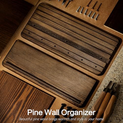 Pine Wood Key Holder Wall Mount with Shelf for Entryway, Brown - Image 7