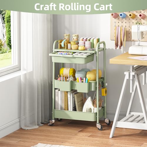 KINGRACK 3 Tier Metal Rolling Cart with Drawer, Green Utility - Image 8