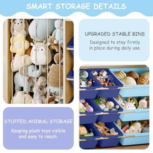 Kids Toy Organizer, Scalloped Shelf, Plush Holder, 12 Blue Bins - Image 7