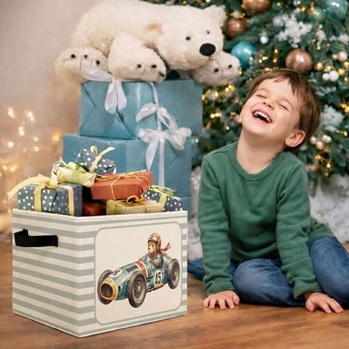 Race Car Bear Storage Bin, Blue Gray Stripe Foldable Fabric - Image 8
