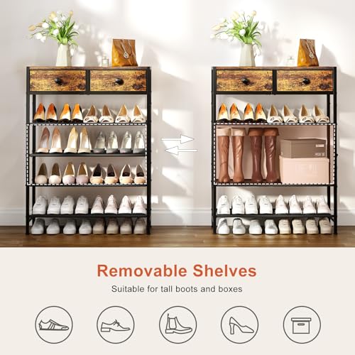 5 Tier Shoe Rack with 2 Drawers, Rustic Brown - Image 7