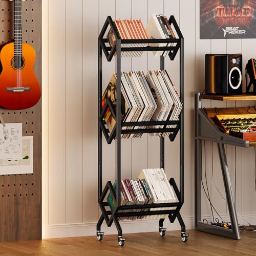 3 Tier Vinyl Record Storage Rack with Casters, Black Metal - Image 8