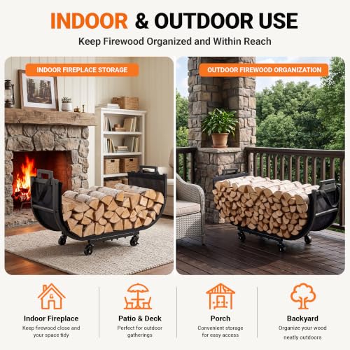 32-Inch Firewood Rack with Wheels, Rolling Firewood Cart, Black - Image 7