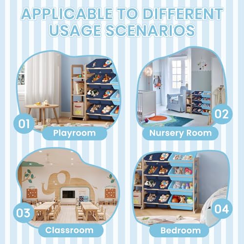 Kids Toy Storage Organizer, 3-Tier Bookshelf, 12 Blue Bins - Image 7