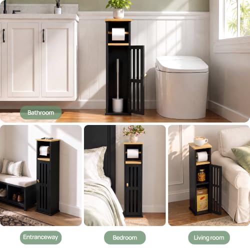 Narrow Bathroom Storage Cabinet with Toilet Paper Holder, Black - Image 7