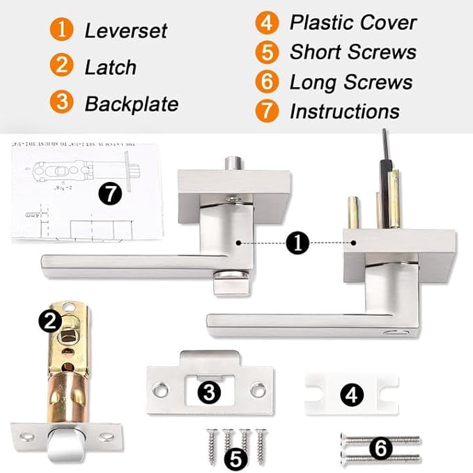 Probrico Heavy Duty Square Satin Nickel Privacy Door Levers, Interior Keyless Locks Bath/Bed Door Locksets, Reversible for Left/Right Handed Doors, 3 Pack