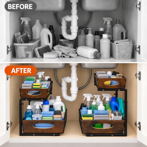 Under Sink Organizer with Wooden Handles, 2 Tier Pull Out Shelf - Image 8