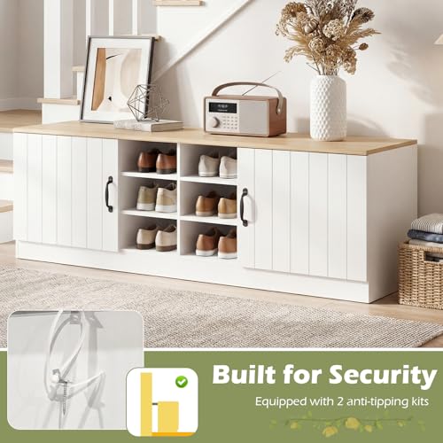 GIANTEX 2-Door Shoe Storage Bench, Wooden Entryway Bench - Image 8