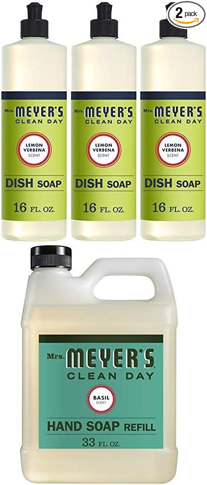 Mrs. Meyer’s Clean Day Liquid Dish Soap, Lemon Verbena, 16 Ounce Bottle (Pack of 3) and Liquid Hand Soap Refill, Basil, 33 fl oz
