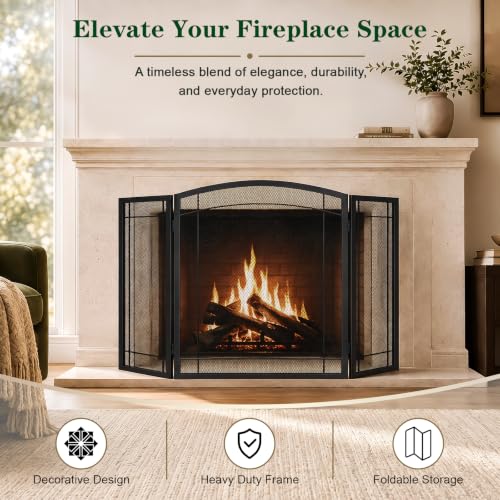 48"W X29"H Wrought Iron Fireplace Screen, 3-Panel Spark Guard - Image 8