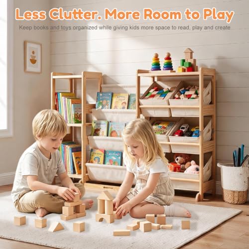 Kids Bookshelf & Toy Storage Organizer with 5 White Bins - Image 7