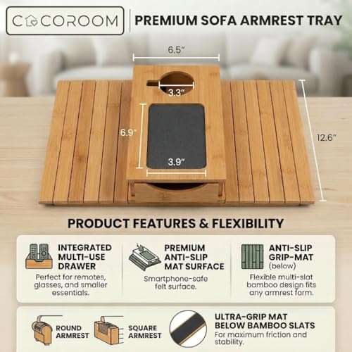 Sofa Arm Tray with Drawer, Bamboo Couch Armrest Table, Natural - Image 7