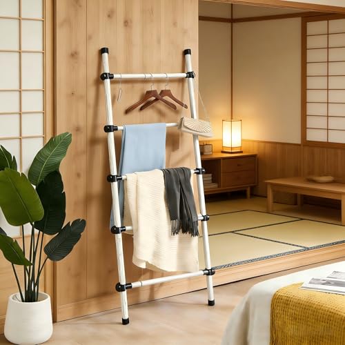 SIBRAD Metal Blanket Ladder, White 5-Tier Quilt Rack Holder - Image 5