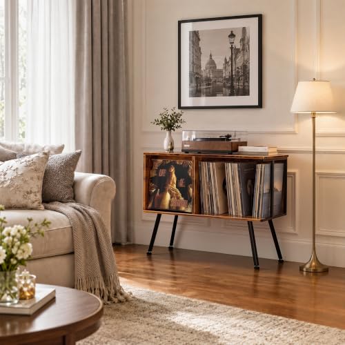 Record Player Stand with Flip-Down Record Shelf, Rustic Brown - Image 7
