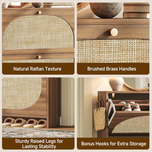 Rattan Shoe Cabinet with 2 Flip Drawers, Arched Accent - Image 8