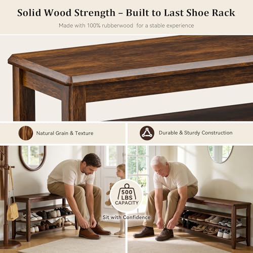 Shoe Rack Bench with 3 Tier Adjustable Shelves Rubberwood - Image 7