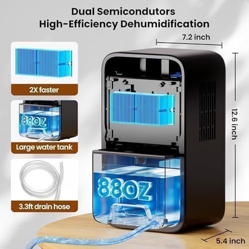 Dehumidifiers(88OZ) for Home Small Dehumidifier With Drain Hose Timer (8-12-24H) Quiet Portable Auto Shut Off for Bedroom Bathroom Basement Kitchen RV Closet(1000Sq.ft)