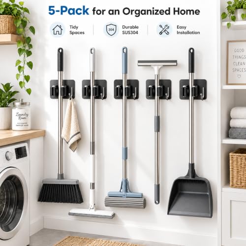 Broom Holder Wall Mount Self Adhesive 5 Pack, Matte Black - Image 8
