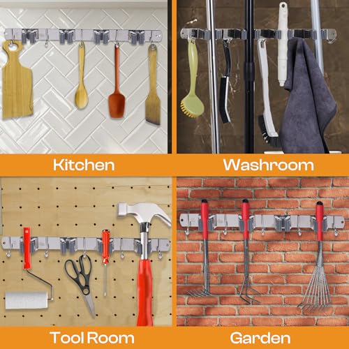 Stainless Steel Broom Holder Wall Mount, 4 Racks & 5 Hooks - Image 8