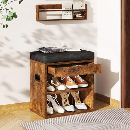 Small Shoe Storage Bench with Cushion and Drawer, Rustic Brown - Image 8