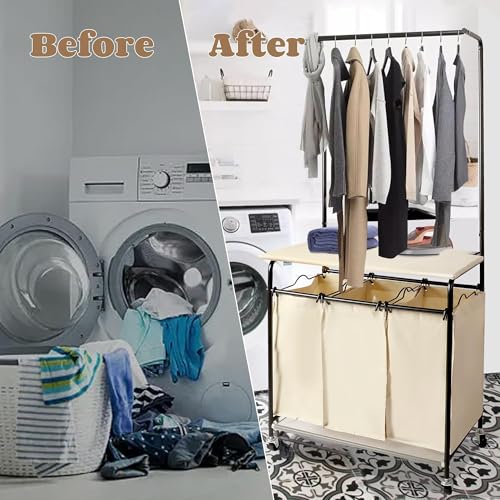 MYOYAY 3 Section Laundry Sorter with Garment Hanging Bar - Image 8