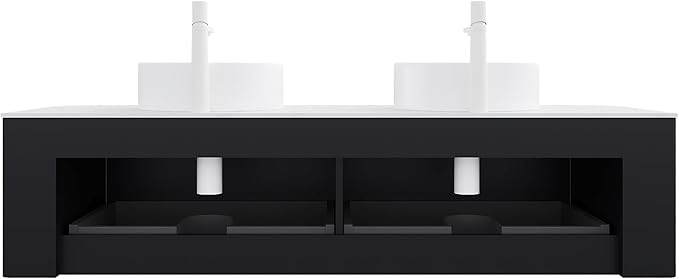 KEIKI 60" Bathroom Vanity with Sink, Wall-Mounted Floating Bathroom Vanity with Curved Edge Striped Front, 2 Drawers & 2 Round Ceramic Basins, Pre-Assembled Storage Cabinet, Black
