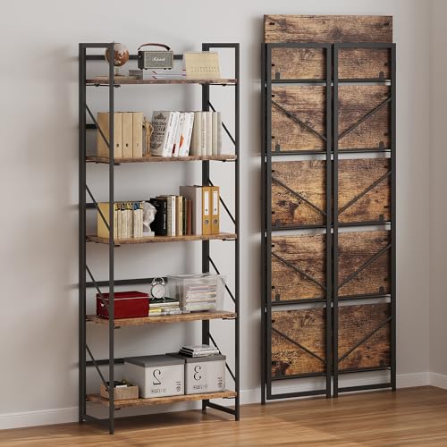 JSB No Assembly Folding Bookshelf, 5 Tier Industrial Metal - Image 7