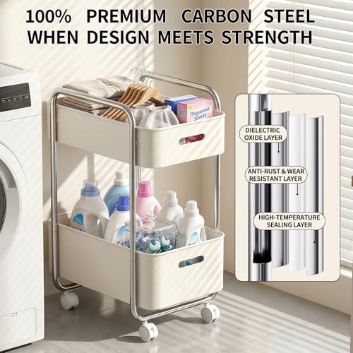 2-Tier Metal Rolling Cart Under Desk Storage Wheels Cream White - Image 8