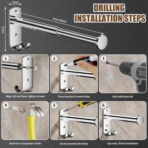 2 PACK Wall Mounted Clothes Drying Rack Pull Out Valet Rod - Image 8