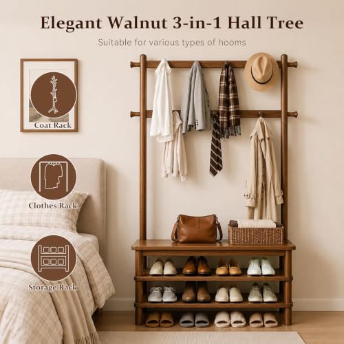 Solid Wood Hall Tree with Bench, Shoe Rack & 11 Hooks 35.5'' - Image 7