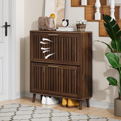 Shoe Cabinet, Shoe Storage Cabinet with Louvered 2 Flip Drawers - Image 7