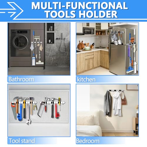 3-H Magnetic Broom Holder, 2 Pack, 3 Racks & 4 Hooks, Silver - Image 8